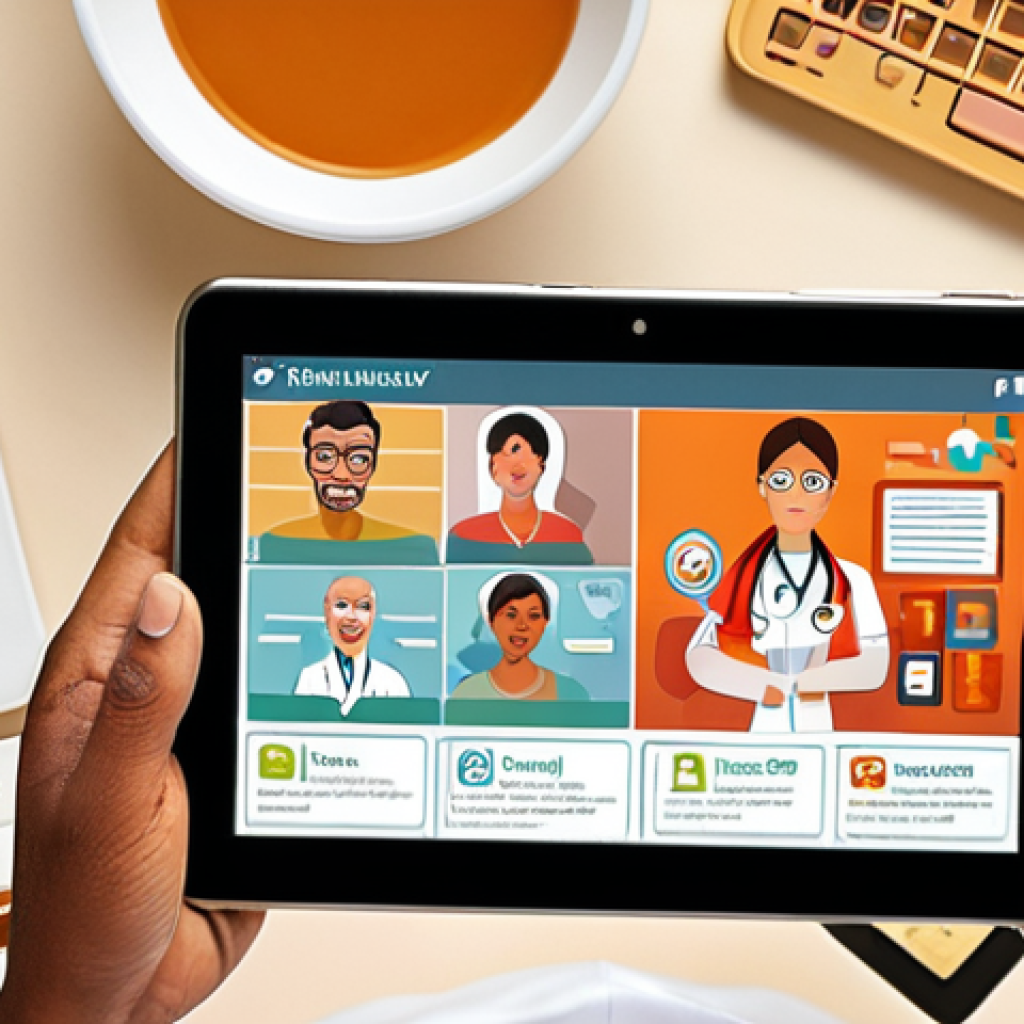 **A patient confidently using a tablet displaying their comprehensive medical history, surrounded by icons representing different healthcare providers. Focus on empowerment and control, with a warm, inviting color palette. Consider adding a subtle Italian cityscape in the background.**
