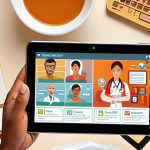 **A patient confidently using a tablet displaying their comprehensive medical history, surrounded by icons representing different healthcare providers. Focus on empowerment and control, with a warm, inviting color palette. Consider adding a subtle Italian cityscape in the background.**