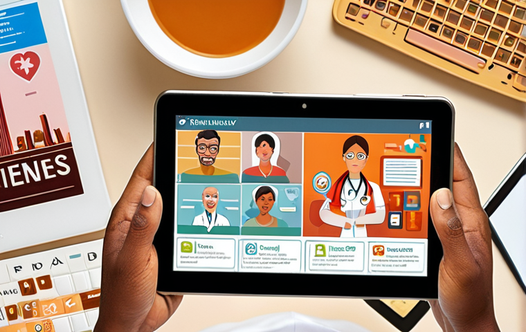 **A patient confidently using a tablet displaying their comprehensive medical history, surrounded by icons representing different healthcare providers. Focus on empowerment and control, with a warm, inviting color palette. Consider adding a subtle Italian cityscape in the background.**