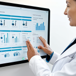A professional adult interacting with a secure tablet displaying a digital health record interface, in a modern, well-lit medical office. The subject is fully clothed in modest business attire, demonstrating active control over their health information. Subtle digital data streams flow in the background, symbolizing transparent information flow and patient sovereignty. Perfect anatomy, correct proportions, natural pose, well-formed hands, proper finger count, natural body proportions. Professional photography, high resolution, safe for work, appropriate content, professional dress.