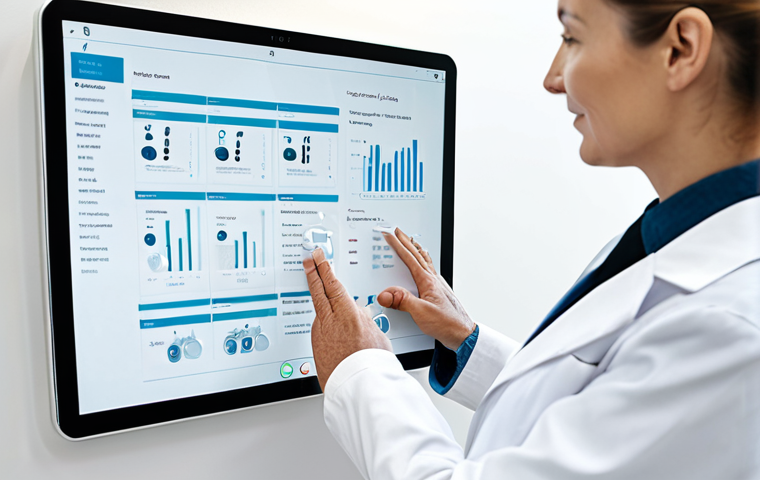 A professional adult interacting with a secure tablet displaying a digital health record interface, in a modern, well-lit medical office. The subject is fully clothed in modest business attire, demonstrating active control over their health information. Subtle digital data streams flow in the background, symbolizing transparent information flow and patient sovereignty. Perfect anatomy, correct proportions, natural pose, well-formed hands, proper finger count, natural body proportions. Professional photography, high resolution, safe for work, appropriate content, professional dress.