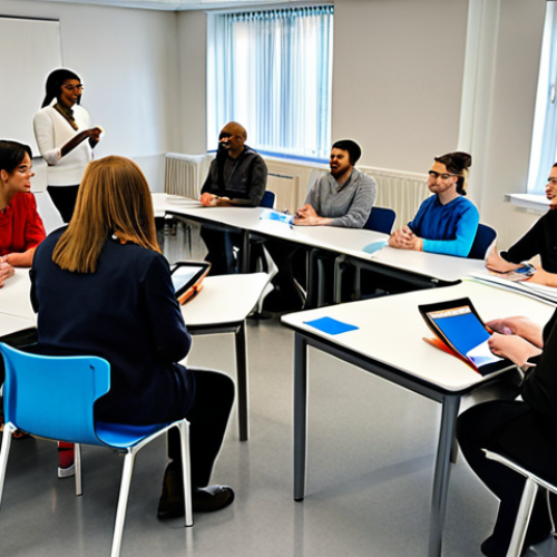 Home 17 Digital Health Literacy**
A diverse group of people attending a workshop on digital health literacy in a modern classroom setting. The instructor is demonstrating how to read privacy policies on a tablet. Participants are engaged and asking questions. Fully clothed, appropriate attire, safe for work, professional environment, educational setting, natural proportions, well-formed hands, friendly atmosphere, professional photography.
**