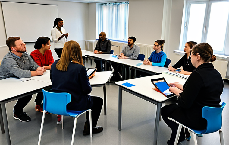 Digital Health Literacy**
A diverse group of people attending a workshop on digital health literacy in a modern classroom setting. The instructor is demonstrating how to read privacy policies on a tablet. Participants are engaged and asking questions. Fully clothed, appropriate attire, safe for work, professional environment, educational setting, natural proportions, well-formed hands, friendly atmosphere, professional photography.
**