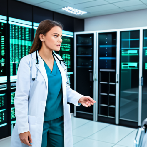 Home 8 Secure Healthcare Data Management**
"A modern, brightly lit hospital setting. A doctor in a professional white coat is interacting with a holographic display showing encrypted medical data. Behind them, a secure server room with blinking lights. The scene emphasizes data protection and patient privacy. fully clothed, appropriate attire, safe for work, perfect anatomy, natural proportions, professional illustration, high quality, digital art, family-friendly, secure data, strong encryption."
**