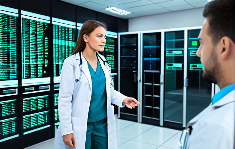 Secure Healthcare Data Management**
"A modern, brightly lit hospital setting. A doctor in a professional white coat is interacting with a holographic display showing encrypted medical data. Behind them, a secure server room with blinking lights. The scene emphasizes data protection and patient privacy. fully clothed, appropriate attire, safe for work, perfect anatomy, natural proportions, professional illustration, high quality, digital art, family-friendly, secure data, strong encryption."
**