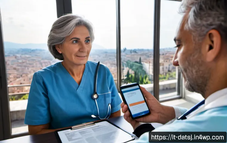 Home 12 의료 정보 공유와 데이터 주권의 갈등 - Photorealistic Italian hospital consultation room, an Italian senior patient and a doctor seated acr...
